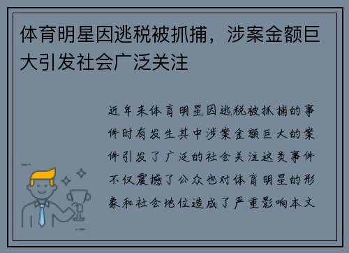 体育明星因逃税被抓捕，涉案金额巨大引发社会广泛关注