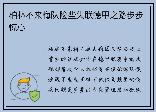 柏林不来梅队险些失联德甲之路步步惊心
